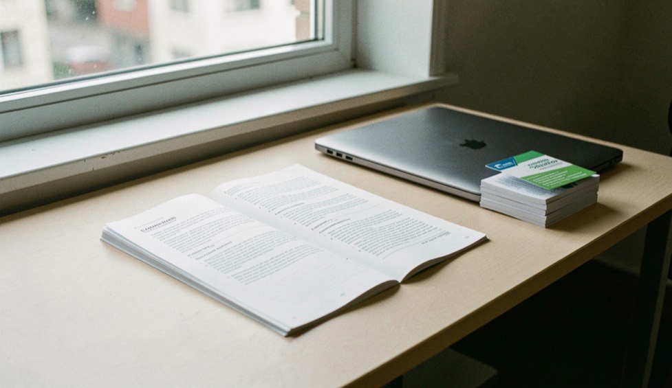 A plain desk under a window carrying an open printed regulation, a stack of departmental leaflets and a closed laptop