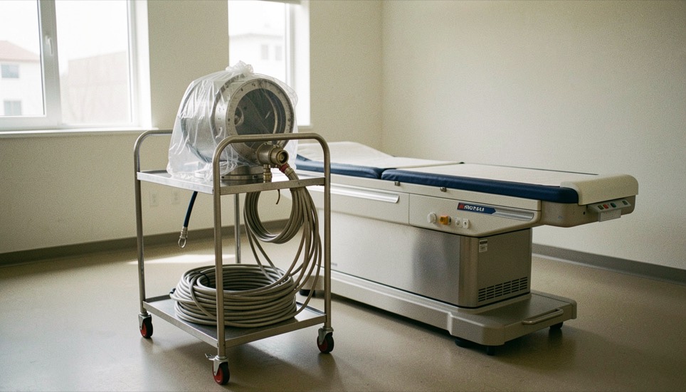 A stainless steel trolley carrying a covered injector head and coiled tubing beside a scanner couch, the room otherwise empty