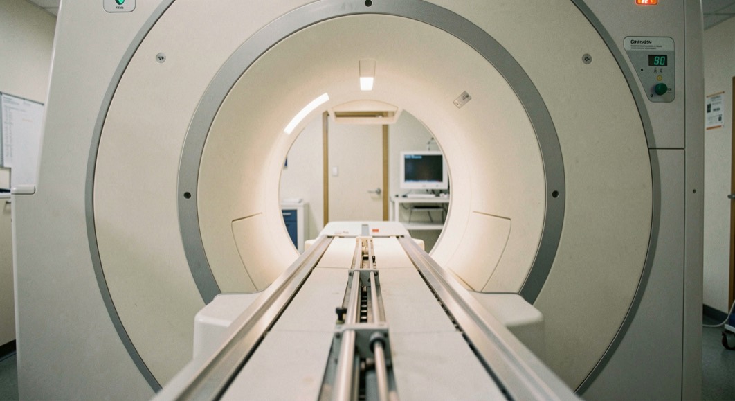 A computed tomography gantry photographed from the side, the circular opening lit from within and the couch rails leading into it