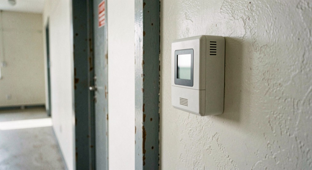 A single wall mounted radiation monitor with a blank grey display beside a painted steel door frame in an empty corridor