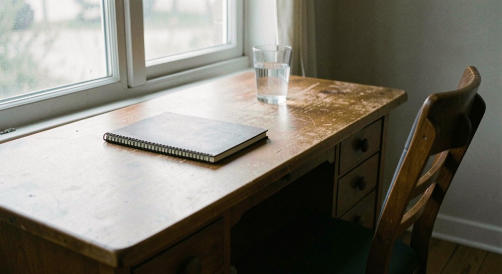 A wooden desk in a coastal Maine clinic waiting room, morning light through a salt-streaked window, a folded paper checklist and a pen resting beside a stethoscope, medium shot.