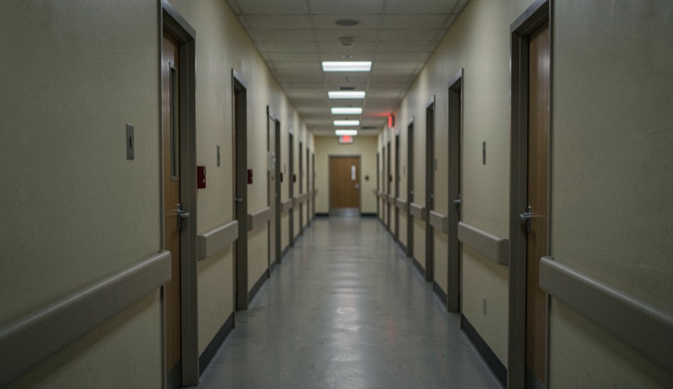 A long hospital corridor at dusk, the ceiling lights receding towards a far corner and every door along it closed