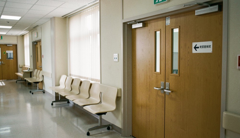 A hospital corridor with a row of empty seats along one wall and a set of double doors marked with a plain directional sign