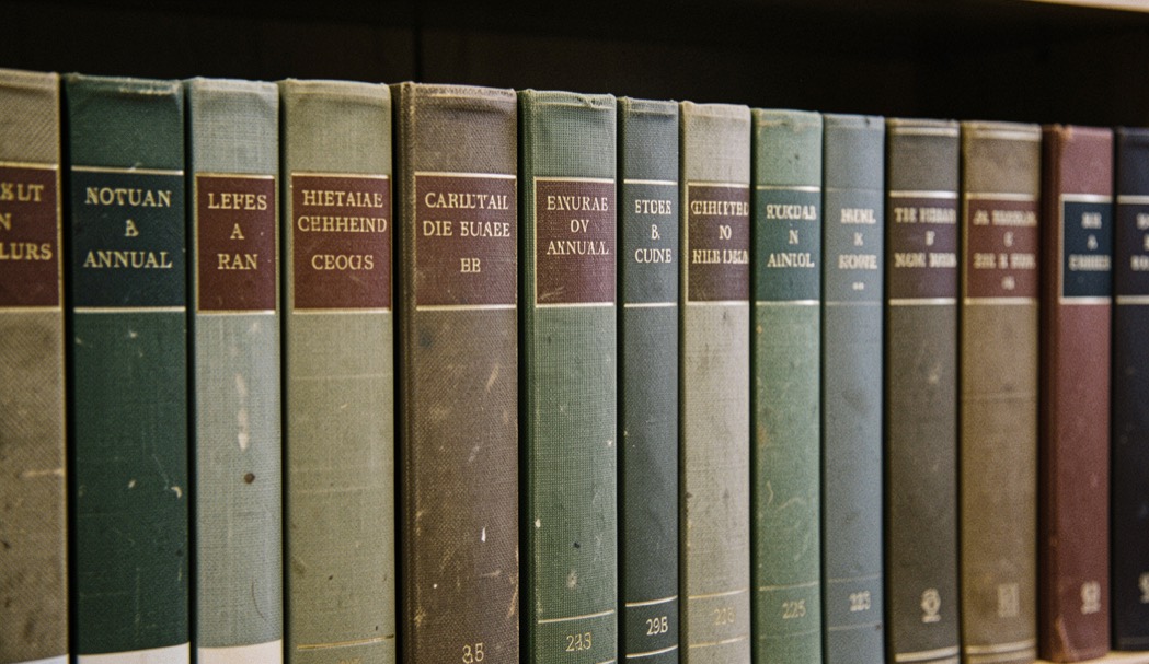 A row of bound annual volumes on a library shelf, their spines lettered in faded gold, photographed straight on in low light