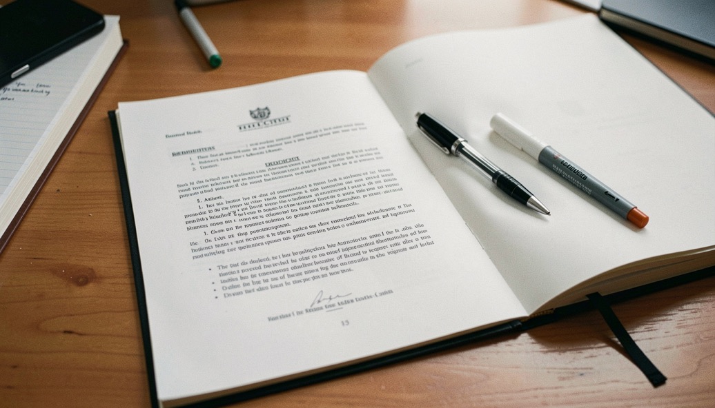 A printed regulation lying open on a desk beside a notebook, a pen resting in the fold and a marker sticking out of the pages