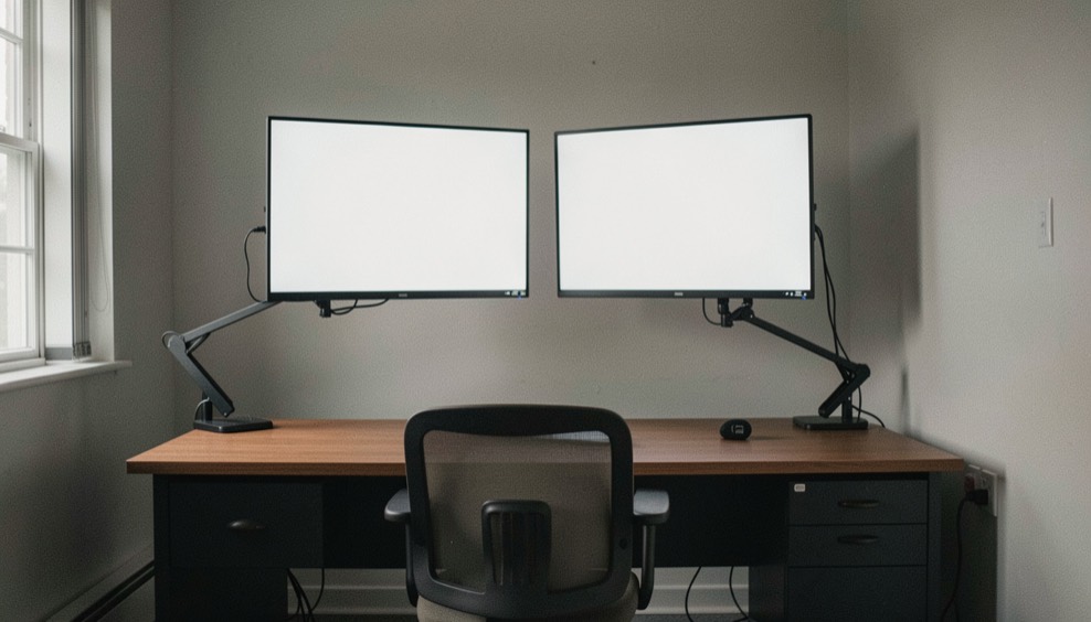 A dim reporting room with two blank display screens on an adjustable arm and an empty chair pushed back from the desk