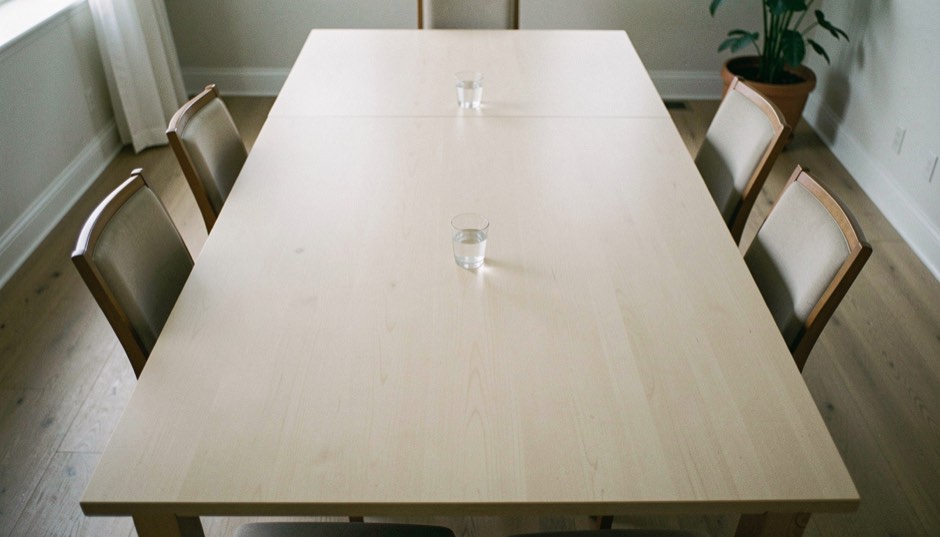 An empty pale wood meeting table photographed from above with four chairs tucked in and a single glass at one end