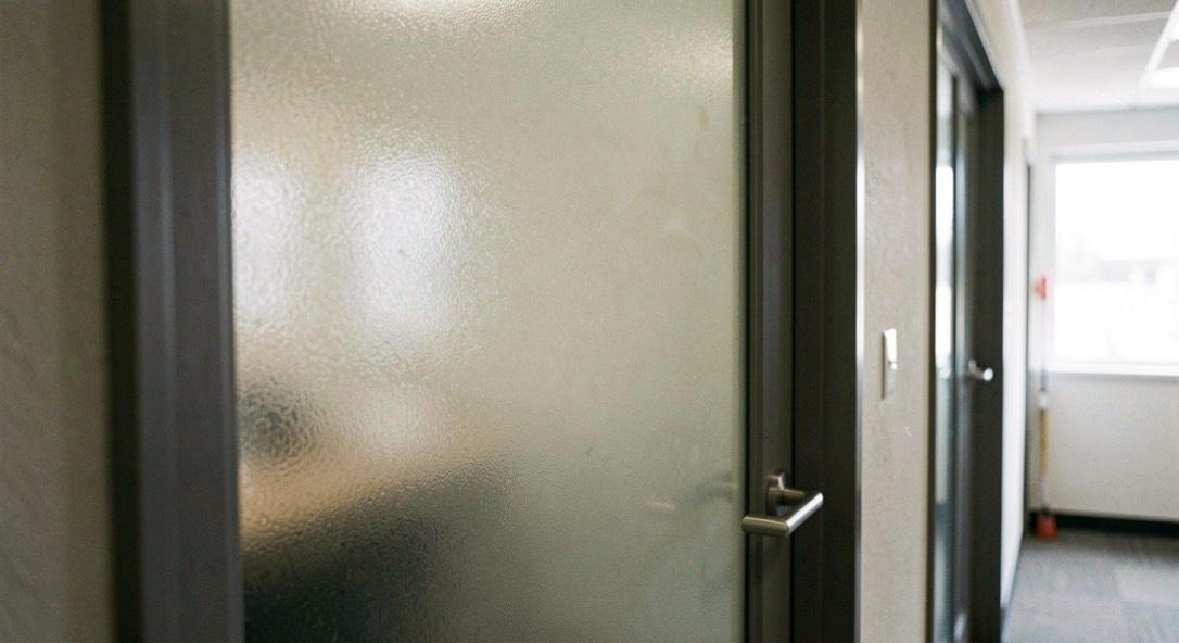A closed office door with a frosted glass panel and a plain metal handle, lit from the corridor side with nothing written on it