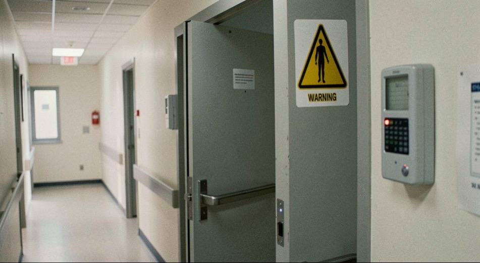 A heavy shielded door standing ajar in a bare clinical corridor, a warning trefoil sign and a wall mounted dose meter beside it