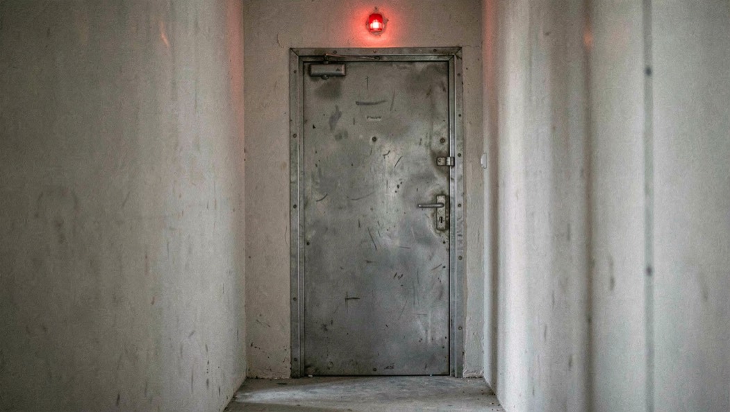 A heavy steel door closed in a bare corridor, a small red indicator lamp glowing above its frame and nobody in sight