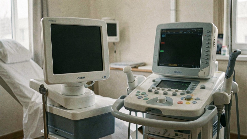 An ultrasound machine parked beside an examination couch, its probe resting in the holder and the screen switched off